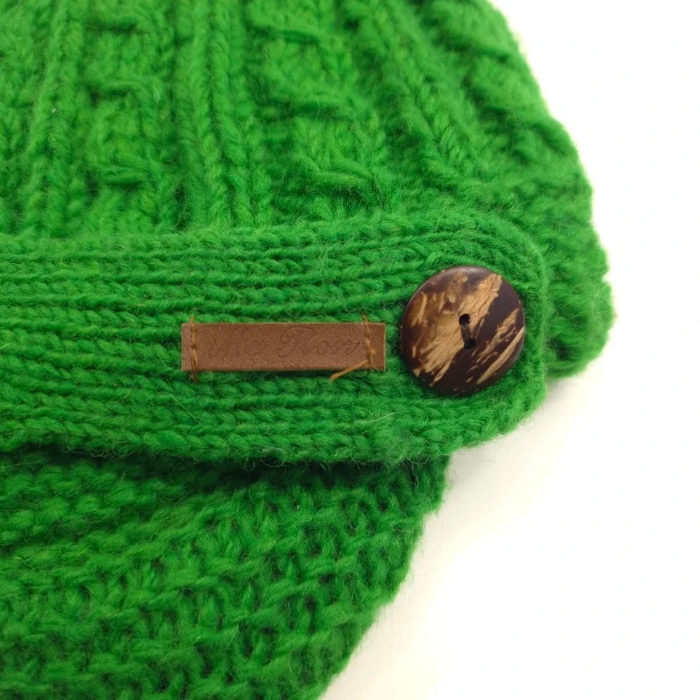 McRon Womens Visor Beanie Hat One Size Green Wool Cable Knit Fleece‎ Lined Nepal